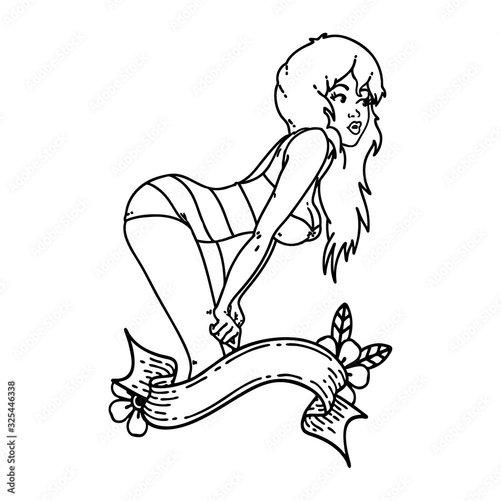 black line tattoo of a pinup girl in swimming costume with banner black line tattoo of a pinup girl in swimming costume with banner
