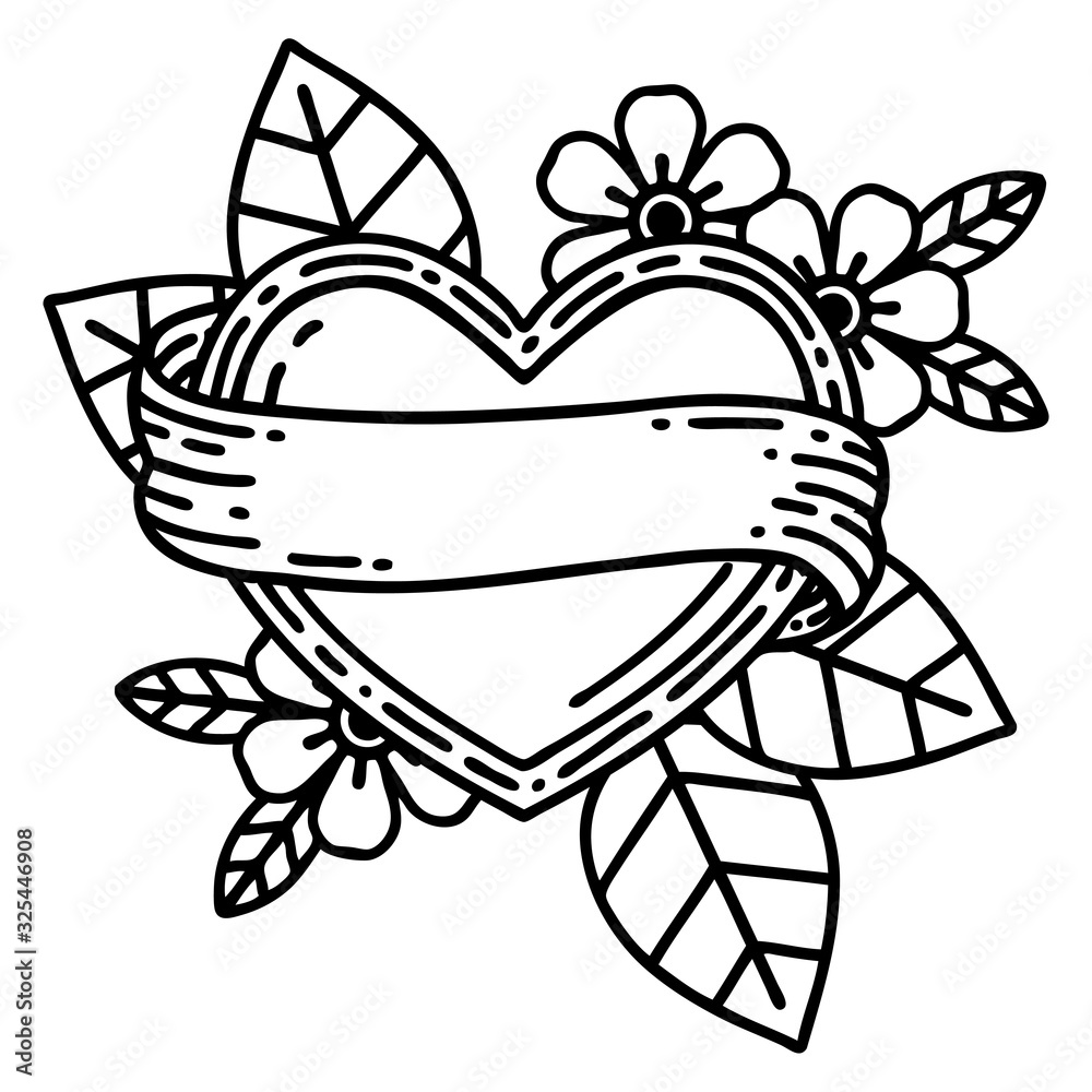 black line tattoo of a heart and banner black line tattoo of a heart and banner