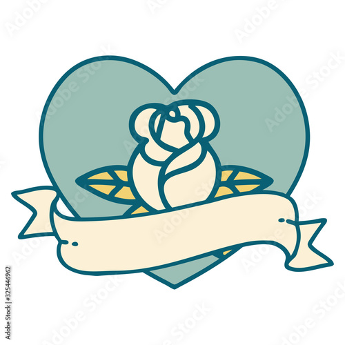 tattoo style icon of a heart rose and banner