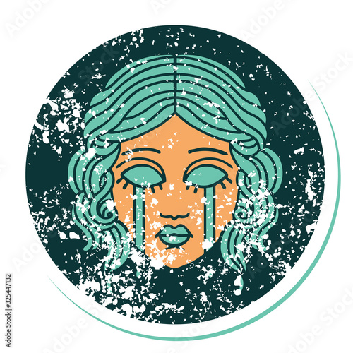 distressed sticker tattoo style icon of female face crying