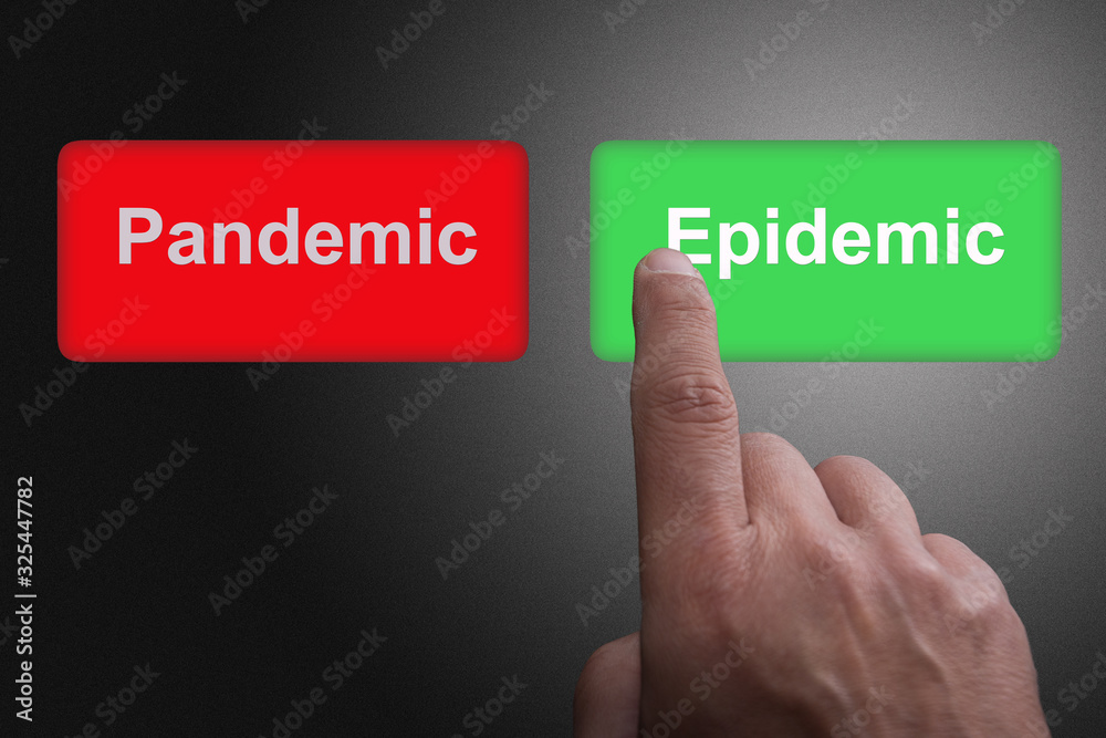 Red and green buttons with Epidemic and Pandemic and pointing finger, on a gray gradient background, on Epidemic Red and green buttons with Epidemic and Pandemic and pointing finger, on a gray gradient background, on Epidemic