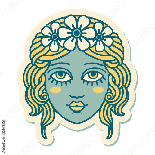 tattoo style sticker of female face with crown of flowers