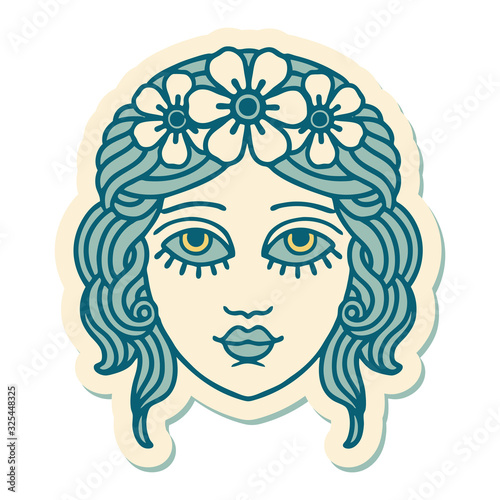tattoo style sticker of female face with crown of flowers