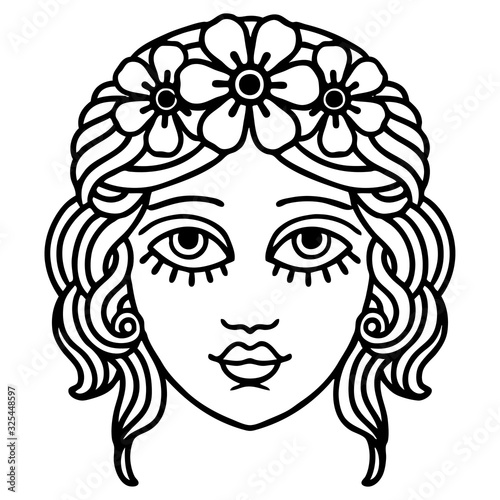 black line tattoo of female face with crown of flowers