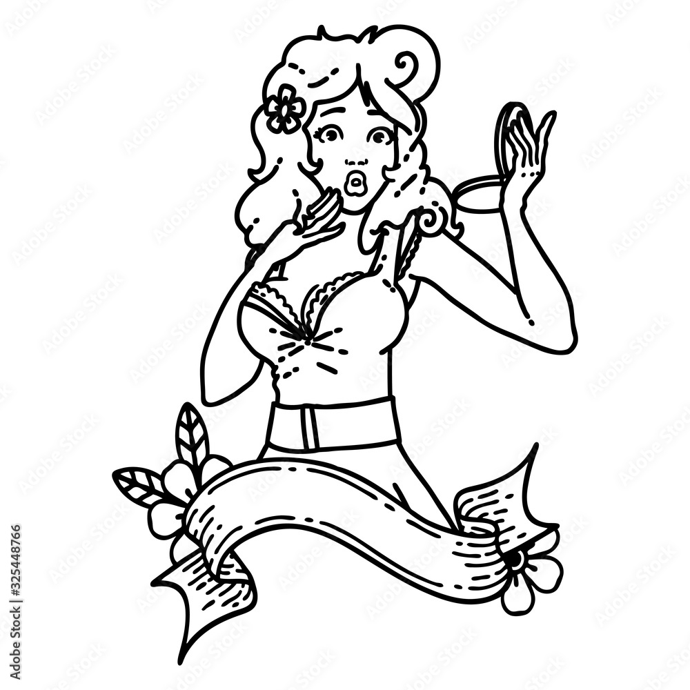 black line tattoo of a pinup surprised girl with banner black line tattoo of a pinup surprised girl with banner