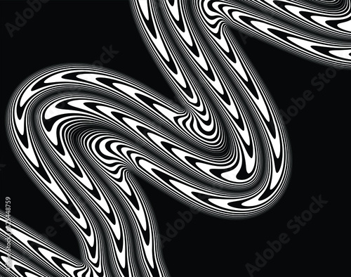 Abstract background with optical illusion wave. Black and white horizontal lines with wavy distortion effect for prints, web pages, template, posters, monochrome backgrounds and pattern