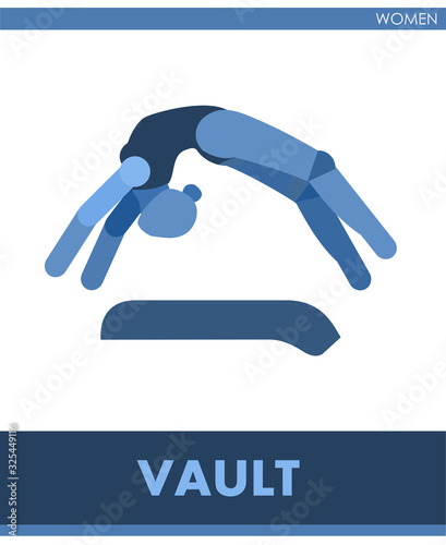 Vault pictogram. Icon of sporting gymnastics. Women, girls. Athletics. Sports; womans jumping over a prop. The symbolic image. One of a series. Female. International sports. Vector isolated.