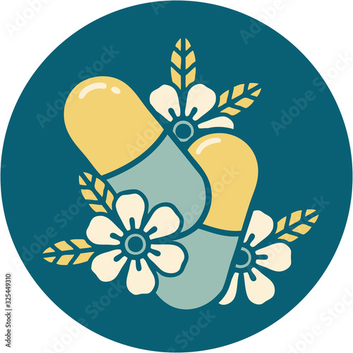 tattoo style icon of pills and flowers