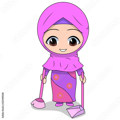 broom. cute Muslim children's cartoon. cartoon Children's daily fun activity. Vector Female Cartoon Character. childrens story books. vector