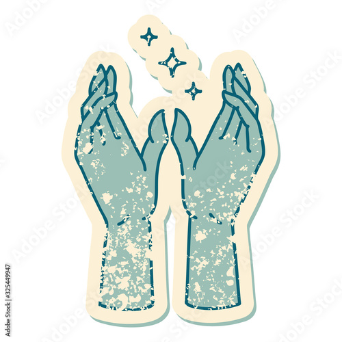 distressed sticker tattoo style icon of mystic hands
