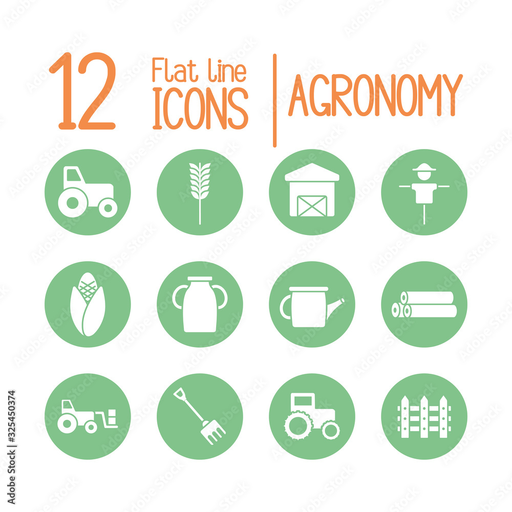 Isolated agronomy 12 silhouette block style icon set vector design Isolated agronomy 12 silhouette block style icon set vector design