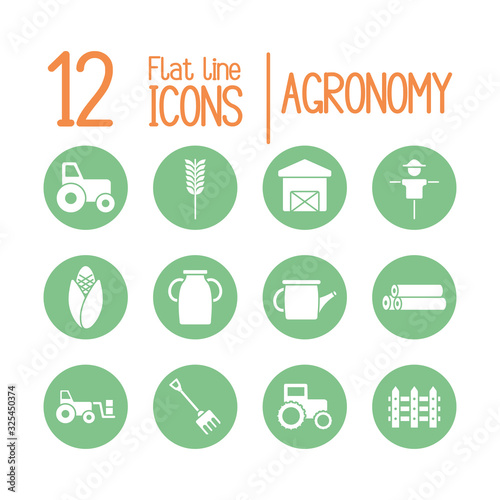 Isolated agronomy 12 silhouette block style icon set vector design