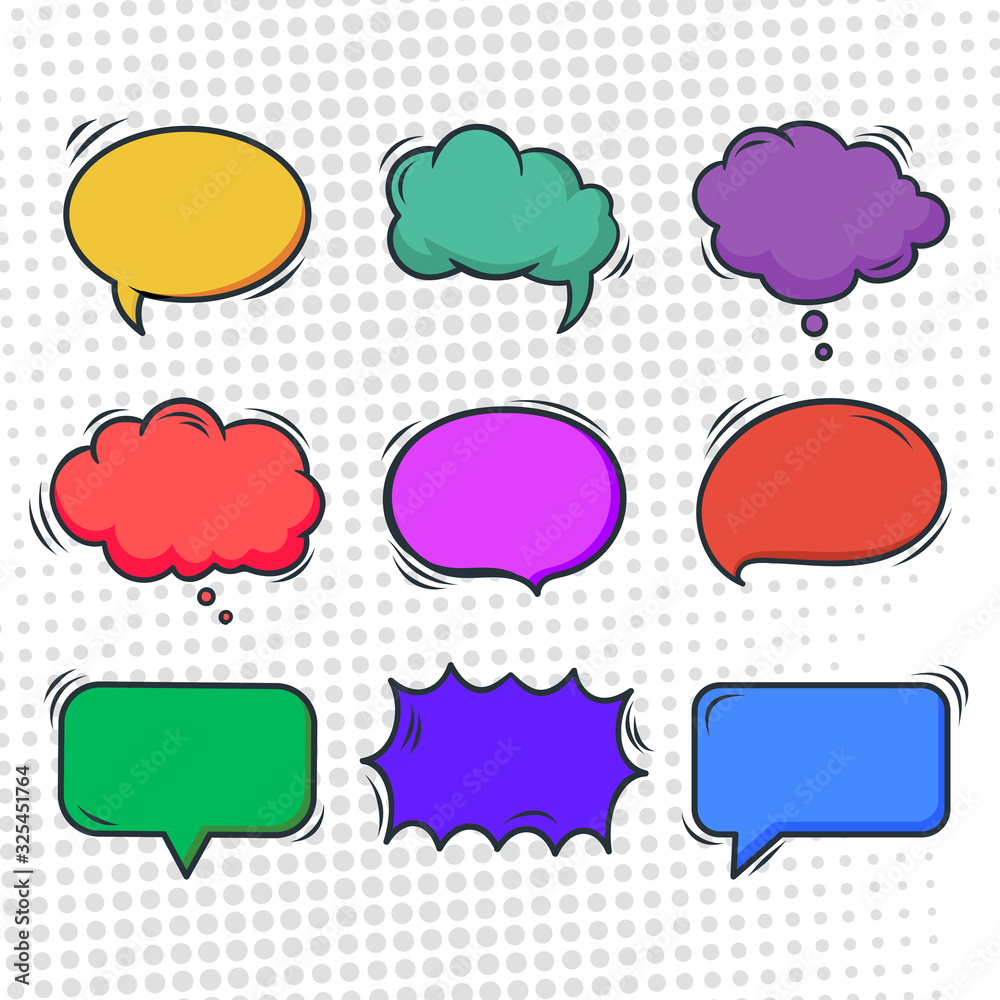 Set of speech bubbles. Comic speech bubbles collection. Isolated cartoon communication illustration, symbol, sign, shape. Colorful abstract dialog icon pack. Message elements in white background. 