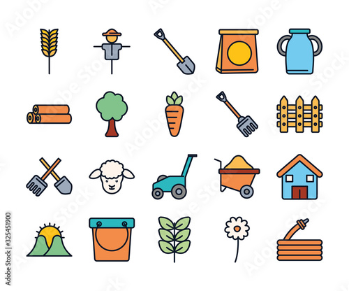 Isolated agronomy line fill style icon set vector design