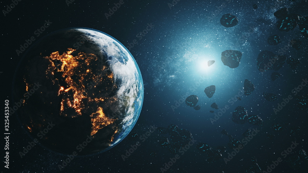 Fototapeta premium black asteroids fly by illuminated realistic planet Earth at blue star light in outer space. 3d animation. Science and technology concept. Elements of this product furnished by NASA