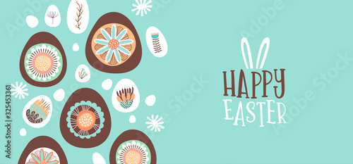 Happy easter card of chocolate egg and flowers
