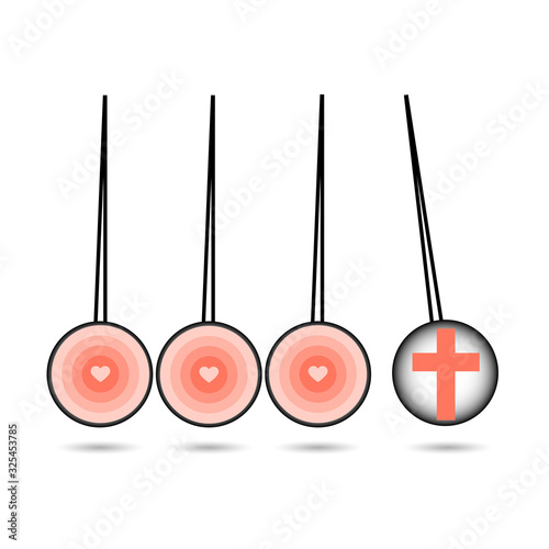 Pendulum Icon, Newton's Cradle with cross and heart. love of Christ concept. Stock vector illustration isolated on white background.