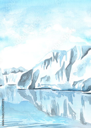Arctic landscape  glacier  iceberg. Backgrounds with copy space. Hand-drawn vertical watercolor illustration