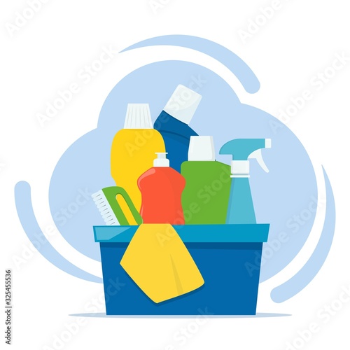 Bottles of detergents and cleaning products in a box, rag and cleaning brush. Cleaning services concept. Vector illustration, flat style.