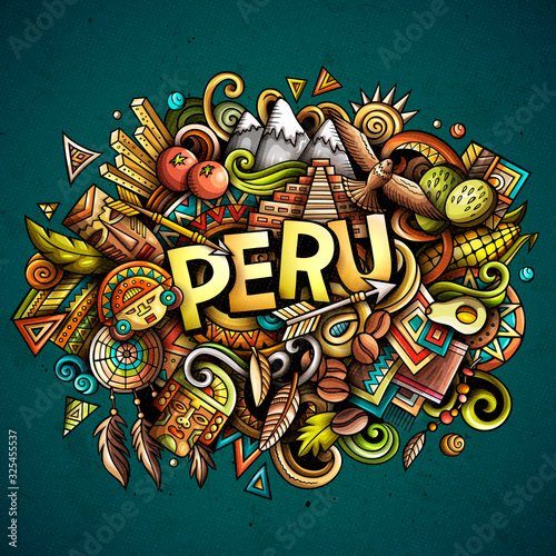 Peru hand drawn cartoon doodles illustration. Funny design.