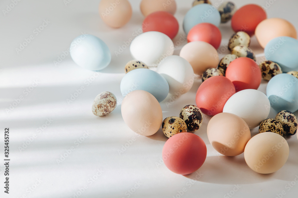 Natural Colored brown, quail and white Eggs with sunlights. Compositions in pastel colors. Easter consept. Flat lay, top view . Natural Colored brown, quail and white Eggs with sunlights. Compositions in pastel colors. Easter consept. Flat lay, top view .