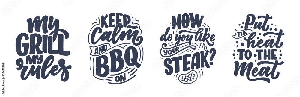 Fototapeta Set with Bbq fun slogans, great design for any purposes. Lettering for family dinner design. Funny print, poster and banner with phrase about barbeque. Vector