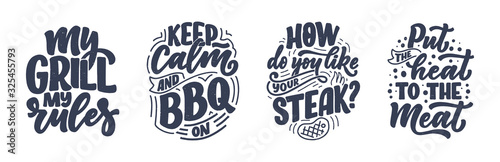 Fototapeta Set with Bbq fun slogans, great design for any purposes. Lettering for family dinner design. Funny print, poster and banner with phrase about barbeque. Vector