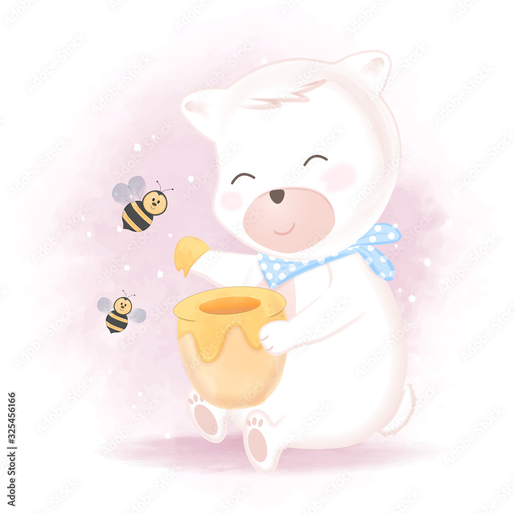 Cute bear and bee with honey jar, hand drawn cartoon illustration Cute bear and bee with honey jar, hand drawn cartoon illustration