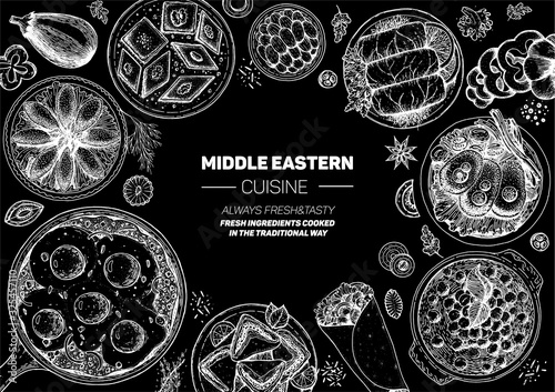 Middle eastern food top view frame. Food menu design with kibbeh, dolma, shakshouka, shawarma and sweets. Vintage hand drawn sketch vector illustration.