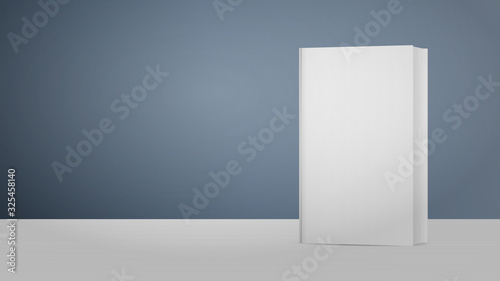 Realistic white blank book. Vector. The book stands on a white wooden table with a gray background. Good for advertising books.