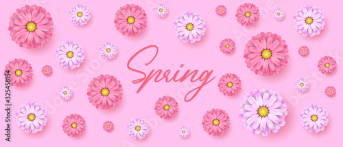 Spring background with beautiful colorful flower. Vector illustration template, banner, wallpaper, flyer, invitation card, poster, brochure on isolated light purple background