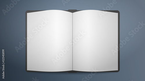 Open book top view. Realistic blank book on a gray background. Vector illustration.