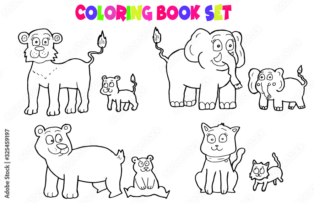 coloring book set.mother animals and baby animals cartoon. coloring book set.mother animals and baby animals cartoon.