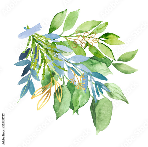Watercolor hand painted botanical spring leaves and branches illustration arrangement isolated on white background