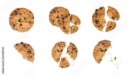 Close up of chocolate chip cookie pieces with crumbs set collection isolated on white background
