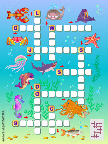 Crossword puzzle game for kids with sea animals. Educational page for children to study English language and words. Printable worksheet for kids textbook. Back to school. Vector cartoon image.