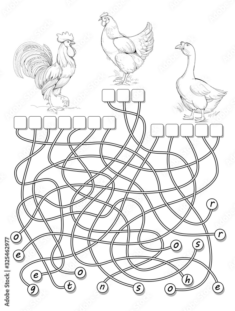 Logic puzzle game for study English with labyrinth. Find correct places ...