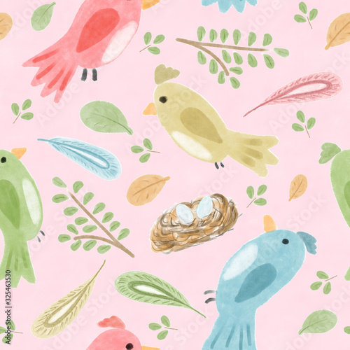 Colored birds, leaves, feathers, seamless pattern, wall paper, scrapbooking paper, natural ornament, pink background