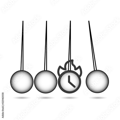 Pendulum Icon, Newton's Cradle with burning clock. little time concept. Stock vector illustration isolated on white background.