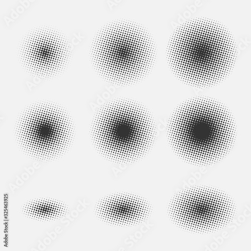 Set of round halftone gradients isolated on gray background. Black spots. 
