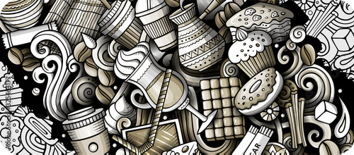 Coffee hand drawn doodle banner. Cartoon detailed flyer.