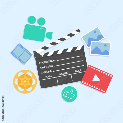 viewing and creating a movie or video as well as images. multimedia icons of the camera, film strip, images and play buttons.