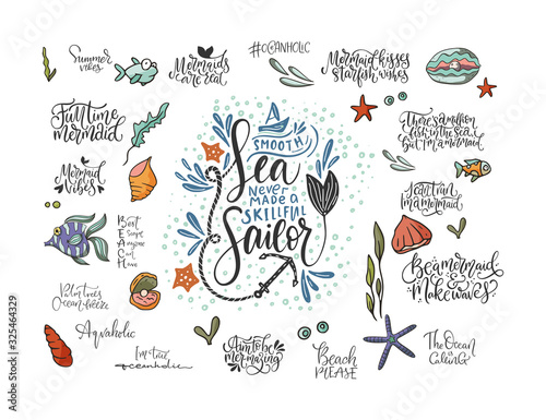 Fototapeta Summer sea lettering big vector set. Ocean quotes and clip art collection. Perfect for t shirt, card print design. Graphic nautical marine theme illustration. Smooth sea never made a skillful sailor