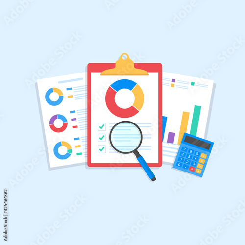 clipboard. Audit research vectors icon, financial report data analysis, analytics accounting concept with charts and diagrams.