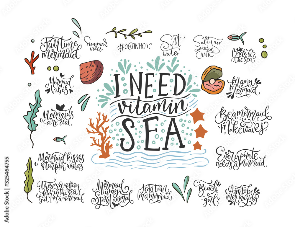 Summer sea lettering big vector set. Ocean quotes and clip art collection.  Perfect for t shirt, card print design. Graphic nautical marine theme  illustration. I need vitamin sea. Stock Vector