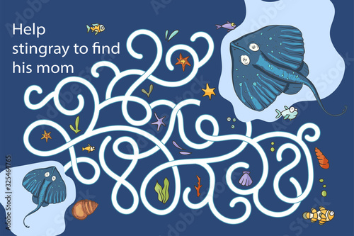 Educational funny game for children. Labyrinth stingray puzzle for kid. Print and play. Cartoon stingray vector illustration. Fish Sea, underwater summer art.