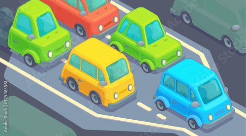 Bottleneck traffic jam. Road dence traffic on motorway or highway. Different car on road.