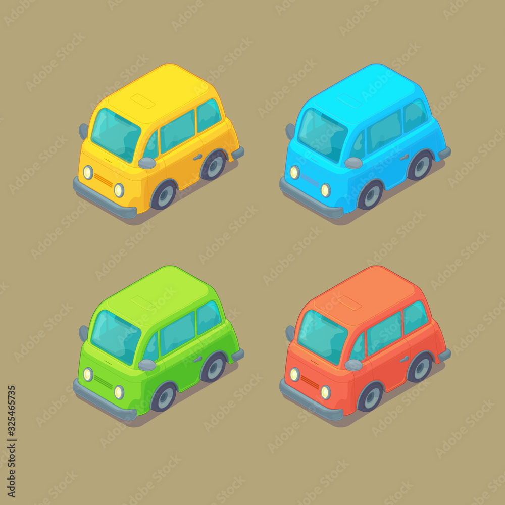Set of isometric cars. Cartoon style. City transport. Set of isometric cars. Cartoon style. City transport.