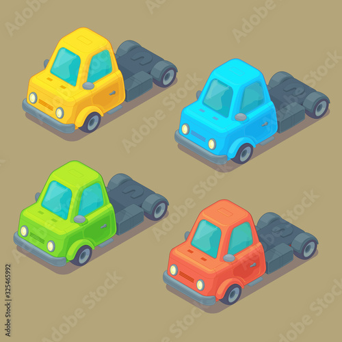 Set of isometric truck. Cartoon style. City transport.