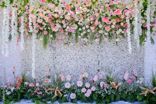 Weddings Backdrop there rose and foliage flowers, Wedding background.